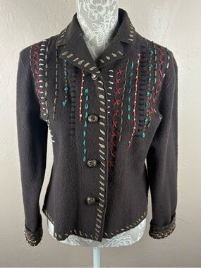 Icelandic Designs Brown Boiled Wool Embroidered Embellished Cardigan Jacket Med